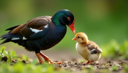 Mother moorhen tending to injured and hungry chick, injury, poultrycare, avianwelfare