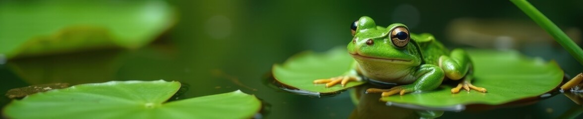 Fototapeta premium Green frog rests on a water lily, surrounded by pond weeds , tranquil, weeds, isolated