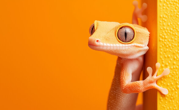 A bright orange gecko peeking from behind a wall with a playful expression against a warm yellow background.