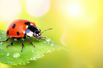 Fototapeta premium detailed view of ladybug resting on fresh green leaf tiny water droplets reflecting morning sunlight blurred organic