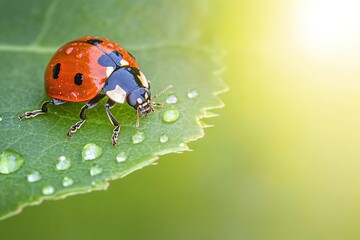 Fototapeta premium detailed view of ladybug resting on fresh green leaf tiny water droplets reflecting morning sunlight blurred organic