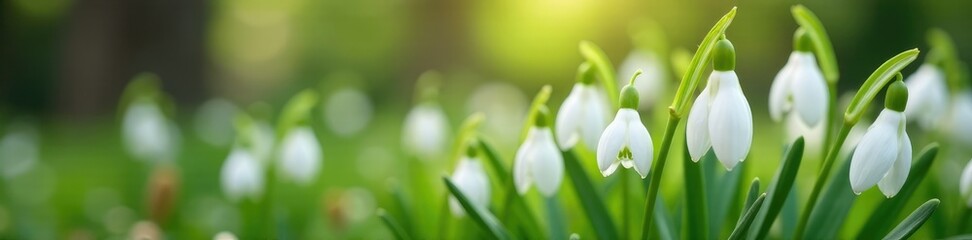 Delicate white snowdrop flowers blooming in a garden, blossoms, florals, white