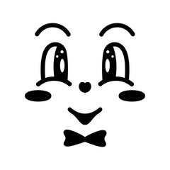 Smiling expression, blush, eyebrows, bow tie. Face with emotions. Sketch. Vector illustration. Outline on isolated white background. Doodle style. Cute grimace. Idea for web design.