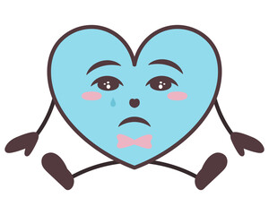 Character in the form of a blue heart sits and cries. Young man in the form of a love symbol. Sadness on the face, tears dripping from the eyes, hands on the sides, bow tie. Color vector illustration.