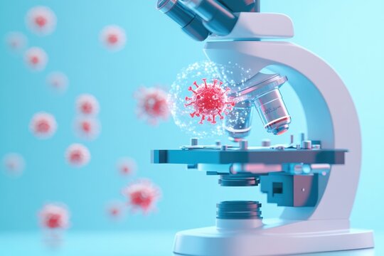 futuristic microscope display analyzing vaccine molecular structure with transparent digital interface overlaying magnified