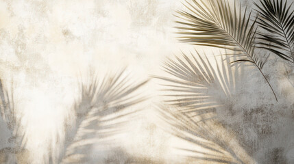 Obraz premium A poetic composition of diffused palm shadows elegantly stretching across a textured cream-colored wall, an interplay of organic shapes and soft light forming a peaceful and evocative background, mast