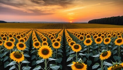 Obraz premium Sunset Over a Vast Sunflower Field