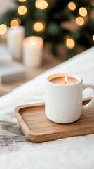 A serene bedroom setting showcases fairy lights, a cup of hot cocoa, and a candle, creating a warm and inviting atmosphere
