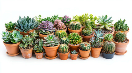 Diverse Collection of Potted Succulents and Cacti Arranged on a White Background