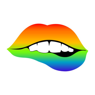 Logo lgbt. Mes del orgullo. Silueta de boca de mujer mordi&eacute;ndose el labio con degradado con los colores de la bandera arcoiris