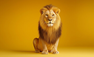 Obraz premium A regal lion sitting proudly with a golden mane against a vibrant yellow background.
