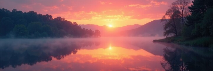 Misty atmosphere over serene sunset lake scene, peaceful, lake, atmosphere