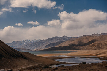A beautiful mountain range with a lake in the foreground