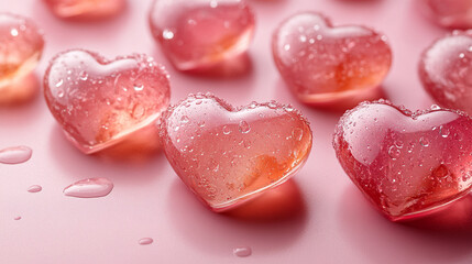Fototapeta premium Pink Glass Hearts with Water Drops Romantic Background love cute sweet candy shiny decor image macro