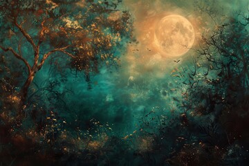 Fototapeta premium A tranquil night landscape featuring a full moon illuminating a meadow filled with wildflowers under a starry sky near a dark silhouette of a tree