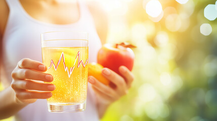 Healthy lifestyle concept with a woman holding a glass of citrus-infused water and fresh fruits in sunlight
