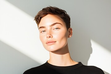 portrait of person with short hair and androgynous appearance gazing confidently into camera