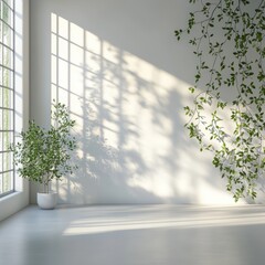 Fototapeta premium Bright indoor space with greenery and shadows.