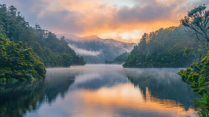 Obraz premium Serene Lakeside at Sunrise with Mist Hovering Above Calm Water and Lush Greenery