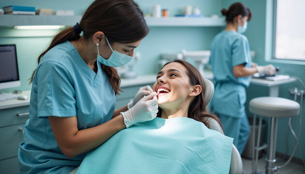 Dental hygienist at work providing a teeth cleaning for patient in modern dental office