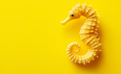 Fototapeta premium A yellow seahorse with a delicate texture isolated against a bright yellow background.