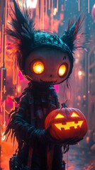Futuristic entity glowing eyes and featherlike accents holding a glowing carved pumpkin in a neonlit environment with vertical streaks resembling rain and playful Halloween elements