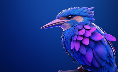 Fototapeta premium A striking blue kingfisher with sharp features and intricate feathers against a deep blue background.