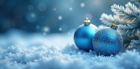 Frosty winter wonderland with blue and silver balls, gentle, Christmas