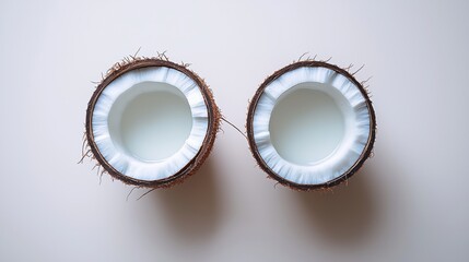 Fresh Open Coconut Halves with Coconut Water on Light Background