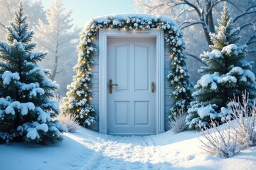 Frosty white door with sparkling snow and greenery, winter wonderland, snowy door, frosty white