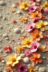 Delicate dried flowers scattered on beige floor, pebbles, flowers