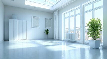 Obraz premium Bright Modern Interior with Large Windows and Green Plant Accent