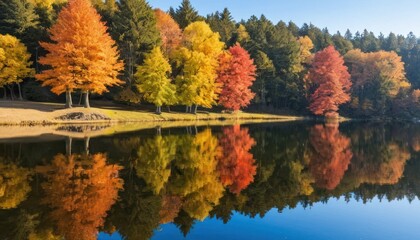 Fototapeta premium Tranquil Lake Reflecting Autumn Colors