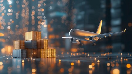 Air freight transportation event cargo aircraft delivery industrial port digital graphics nighttime urban environment aerial viewpoint for enhanced logistics visibility