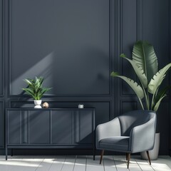 A minimalist living room with a dark blue wall. a grey armchair. and a cabinet with a potted plant