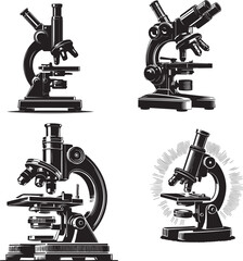 Microscope black and white silhouette ,Classic Compound Microscope with Eyepiece and Objective Lenses