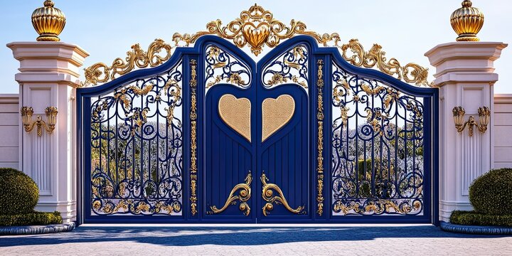 Elegant Blue And Gold Ornate Estate Gate
