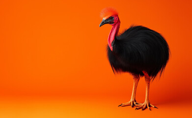 Obraz premium A close-up portrait of a cassowary with a vibrant red crest and intense blue face against an orange background.