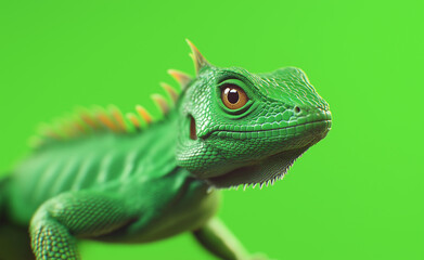 Fototapeta premium A green iguana with sharp details and a confident expression against a vibrant green background.