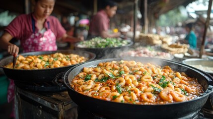 Obraz premium A close-up of local street food being prepared at a vibrant outdoor food market, with vendors cooking and serving traditional dishes.