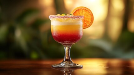 A colorful layered mocktail with red, orange, and yellow hues served in a stemmed glass, topped with a slice of orange and a sugared rim, set against a tropical sunset backdrop.