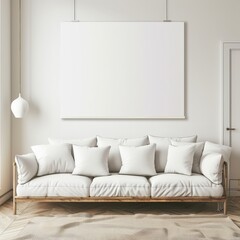 A white sofa with white pillows and a large blank canvas on the wall above in a white minimalist living room
