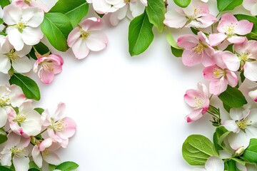 Obraz premium Pink blossom frame, spring flowers, white background, greeting card design