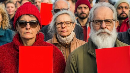 A group of diverse individuals holding red signs during a peaceful protest, showcasing strong emotions and social engagement
