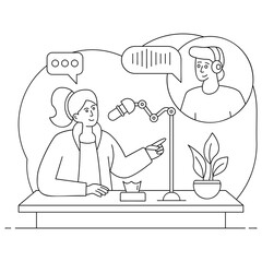 podcaster connects with audience in real-time vector design, Podcast or slice-of-life journalism sign, Web television series symbol, audio blog  journals, public radio show and callers concept