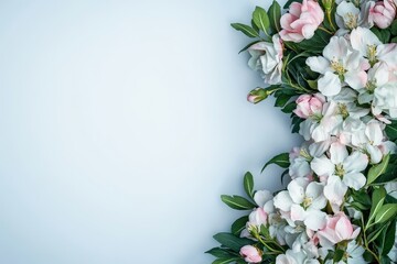 Fototapeta premium Spring blossoms border, pastel background, blank space, floral design