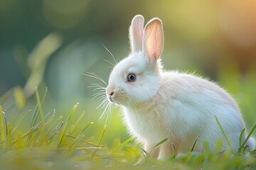 Cute light brown bunny exploring fresh green grass in a sunny garden during springtime, showcasing its curious nature and soft fur