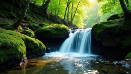 A waterfall tumbles over moss-covered rocks into a quiet stream, forest canopy, waterfall, glistening