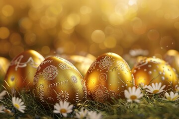 Glossy shinny Intricate golden Glossy shinny Intricate golden Easter poster and blank banner template on wooden background without text , on the extreme right third of an image