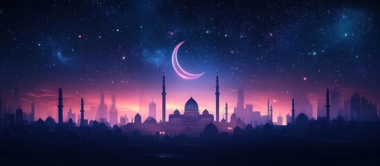 Crescent moon over city skyline at night